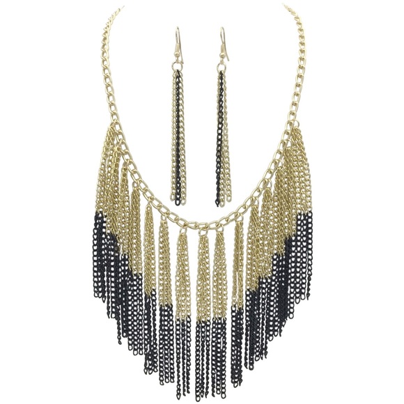Cascading Chain Gold Black Necklace Earrings Set - Picture 1 of 3